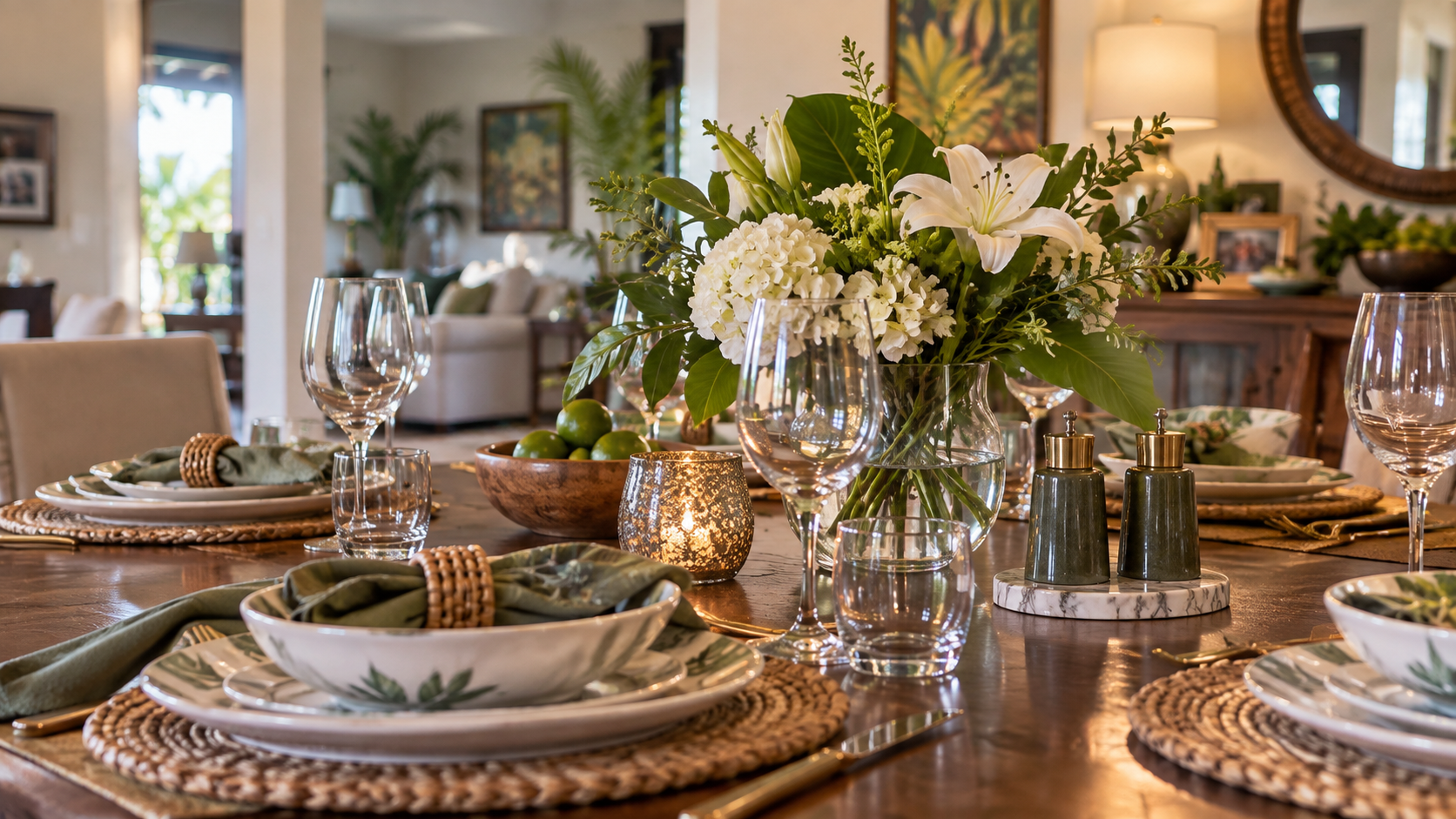 Elegant dining table set with glassware, greenery and white flowers