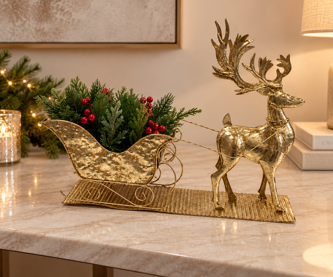 Gold Reindeer Sleigh with Berries