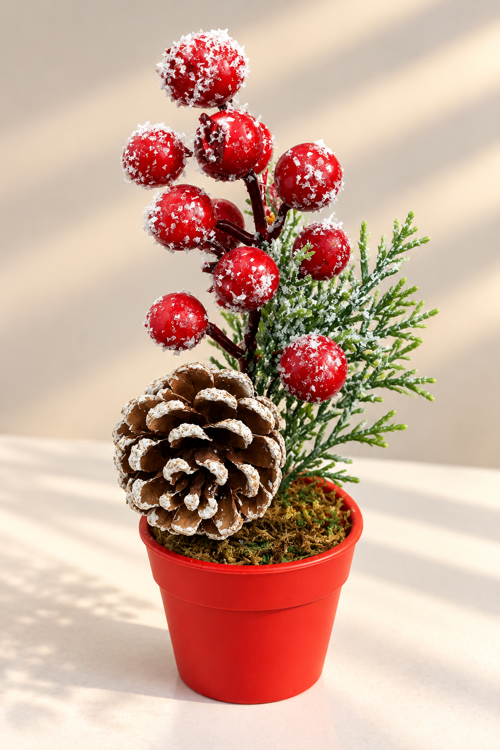 Mini Decorative Potted Plant with Pinecone & Frosted Berry (Red)