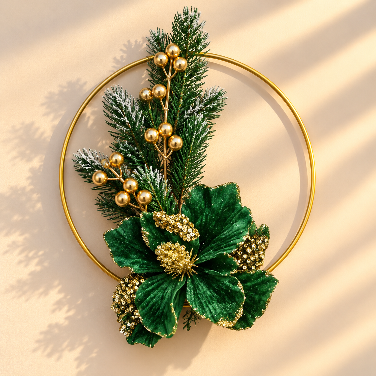Metal Frame Wreath with Greenery & Green Pointsetta Flowers