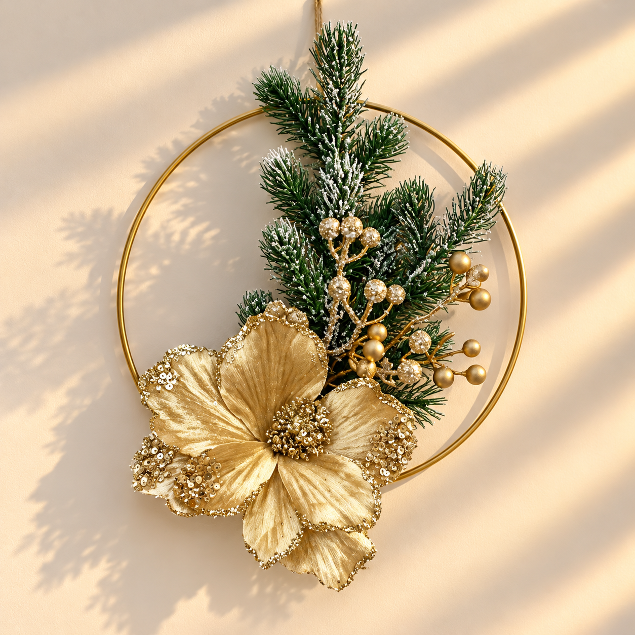 Metal Frame Wreath with Greenery & Gold Pointsetta Flowers