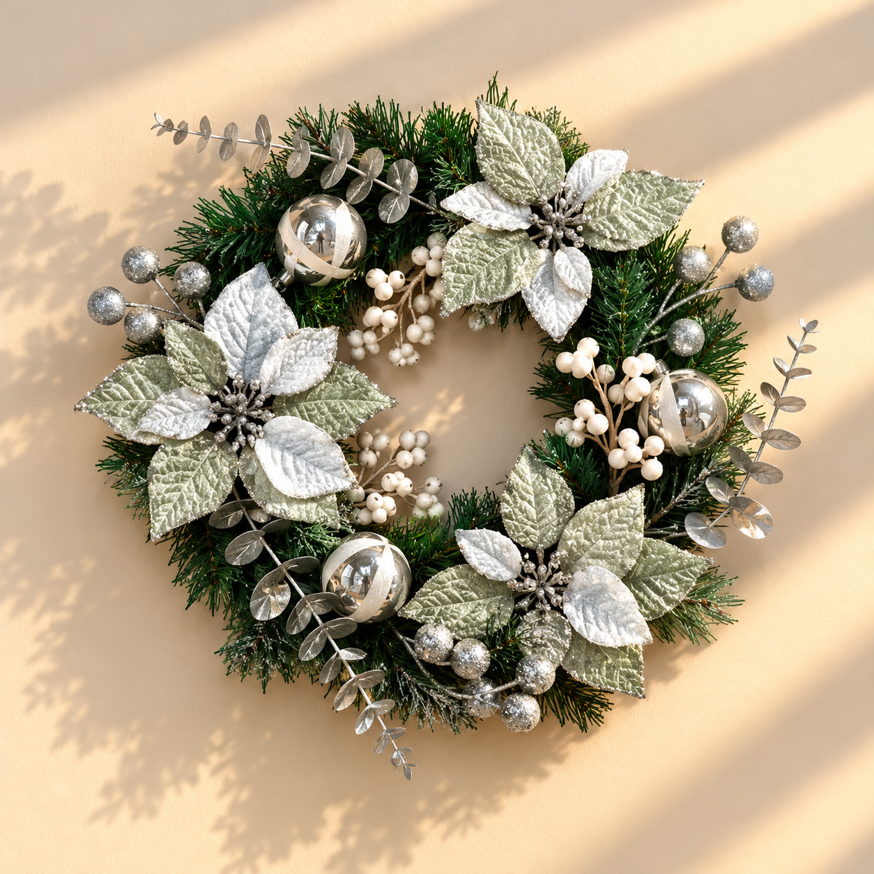 Decorative Silver & White Wreath with Pointsetta Flowers