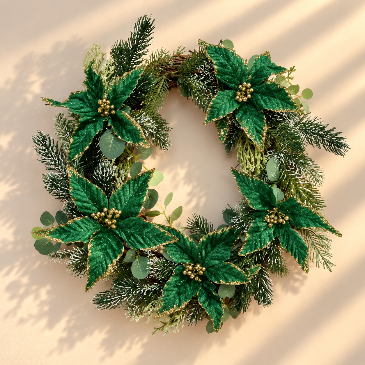 Decorative Green & Gold Pointsetta Wreath