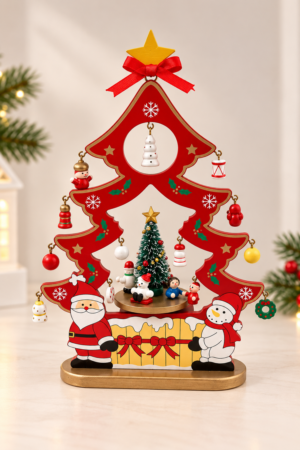 Wooden Christmas Wineup Music Tree (Red)