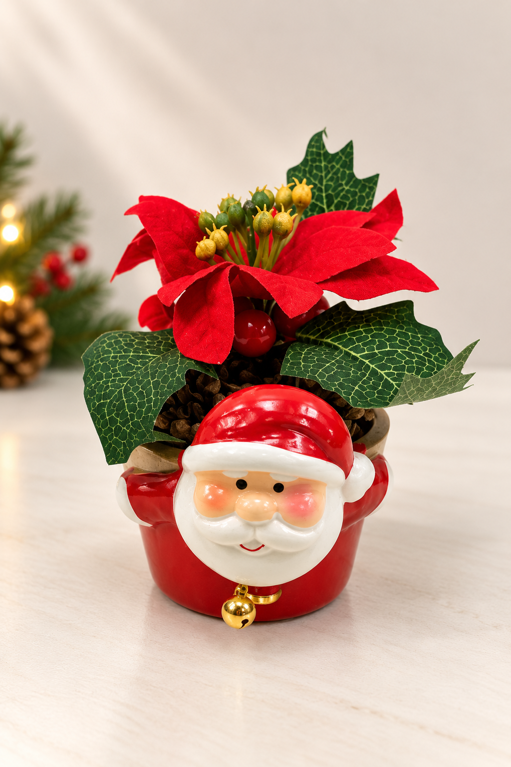 Mini Ceramic Santa Potted Pointsetta Plant