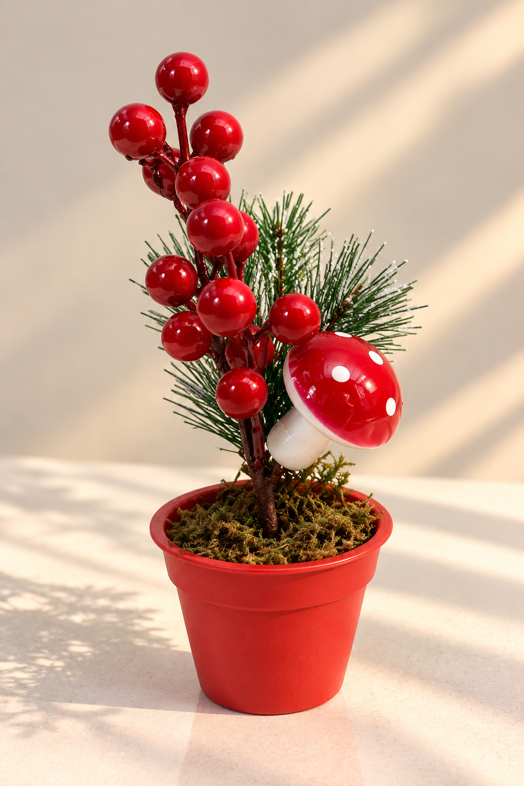Mini Potted Plant with Berry & Mushroom