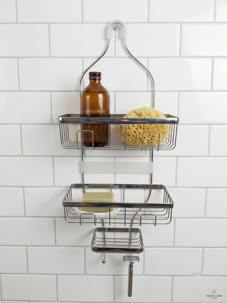 2-Tier Chrome Shower Caddy with Soap Tray and Hooks