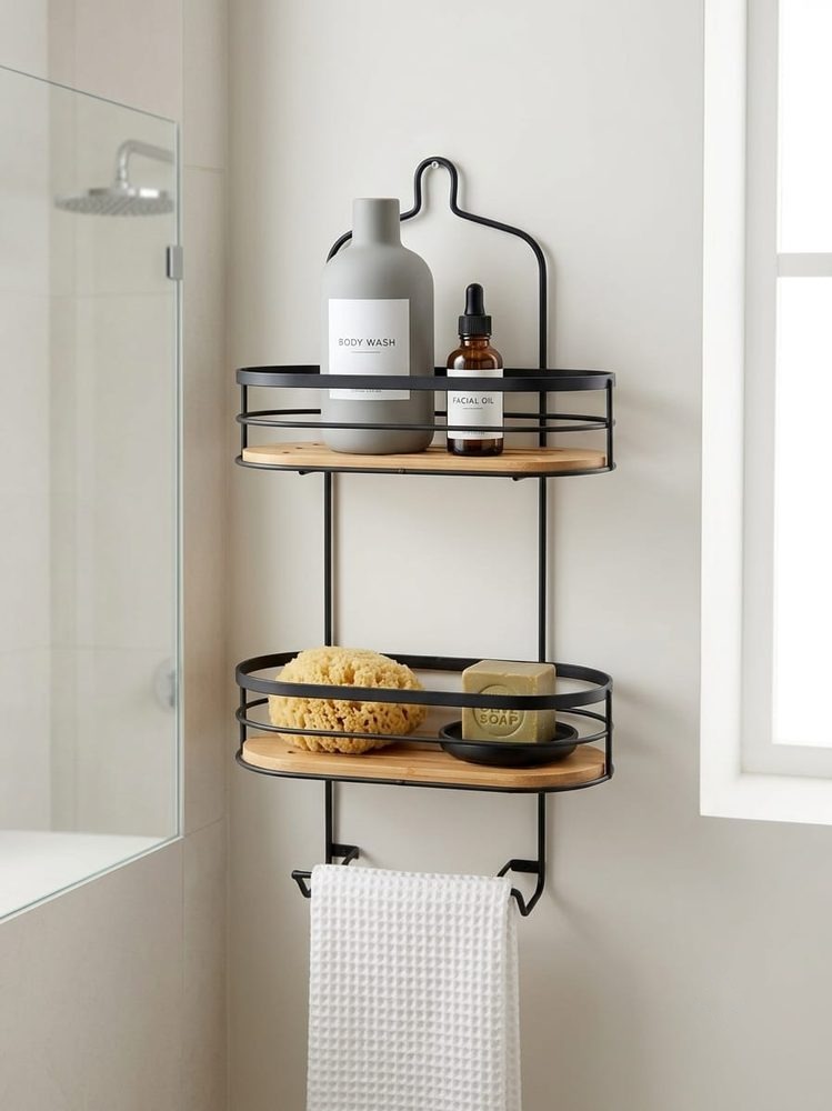 2 Tier Shower Caddy (black with bamboo shelf and soap holder)