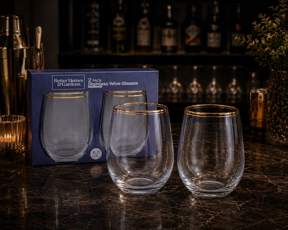 2pc Stemless Wine Glass Set (Double Line Gold Rim)