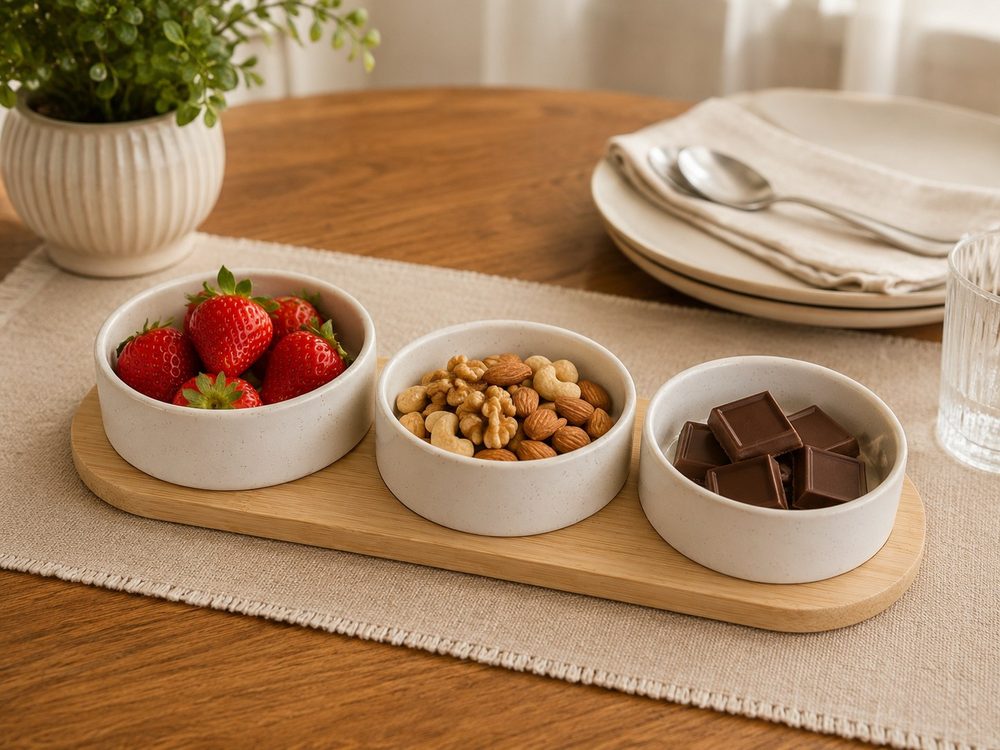 3pc Ceramic Set with Wooden Tray (Round)