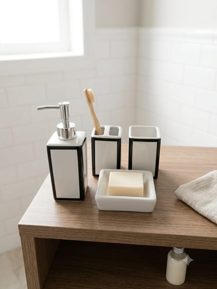 4-Piece Black & White Modern Ceramic Bathroom Accessory Set