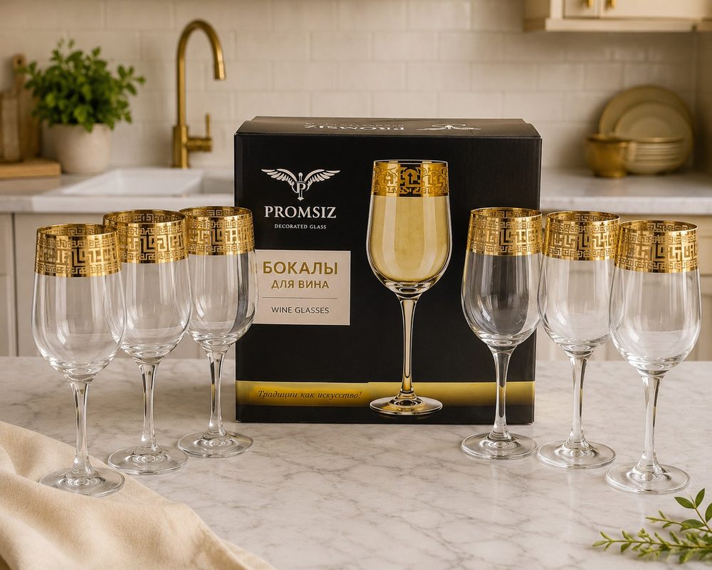 6pc Wine Glass Set with Gold-Rim Pattern (Promsiz)