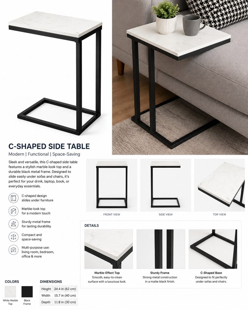 C-Shaped Side Table (marble top with black frame)