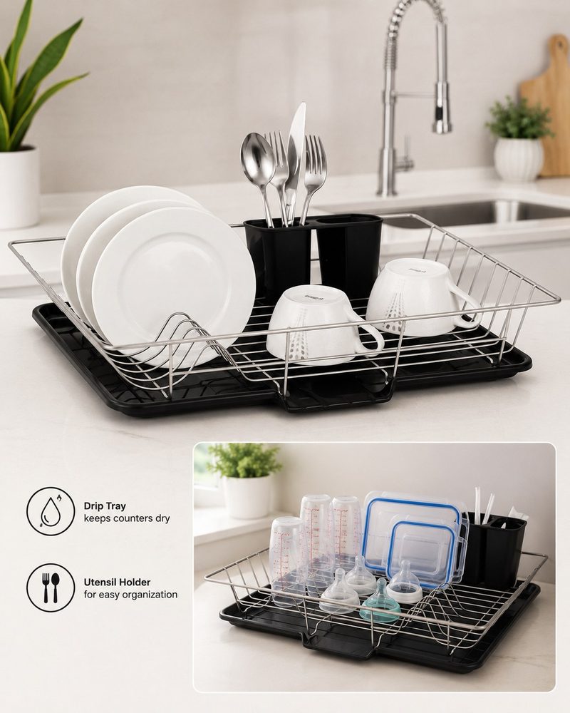 Chrome Dish Rack with Plastic Tray (47.5*30.7*11cm)