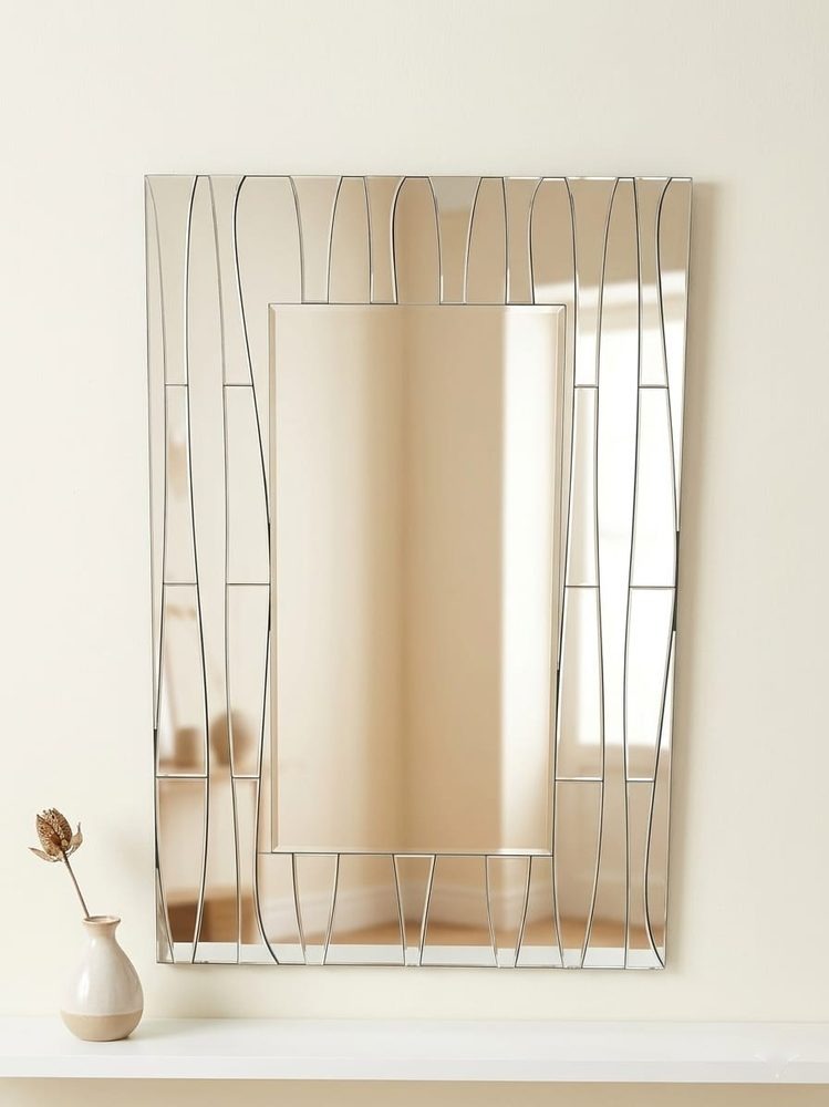 Contemporary Glass Beveled Wall Mirror with Geometric Overlay