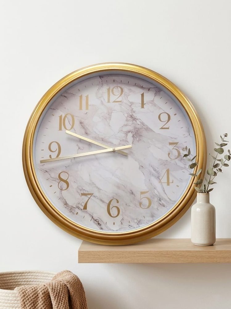 Decorative Wall Clock (gold frame and white marble-pattern face)