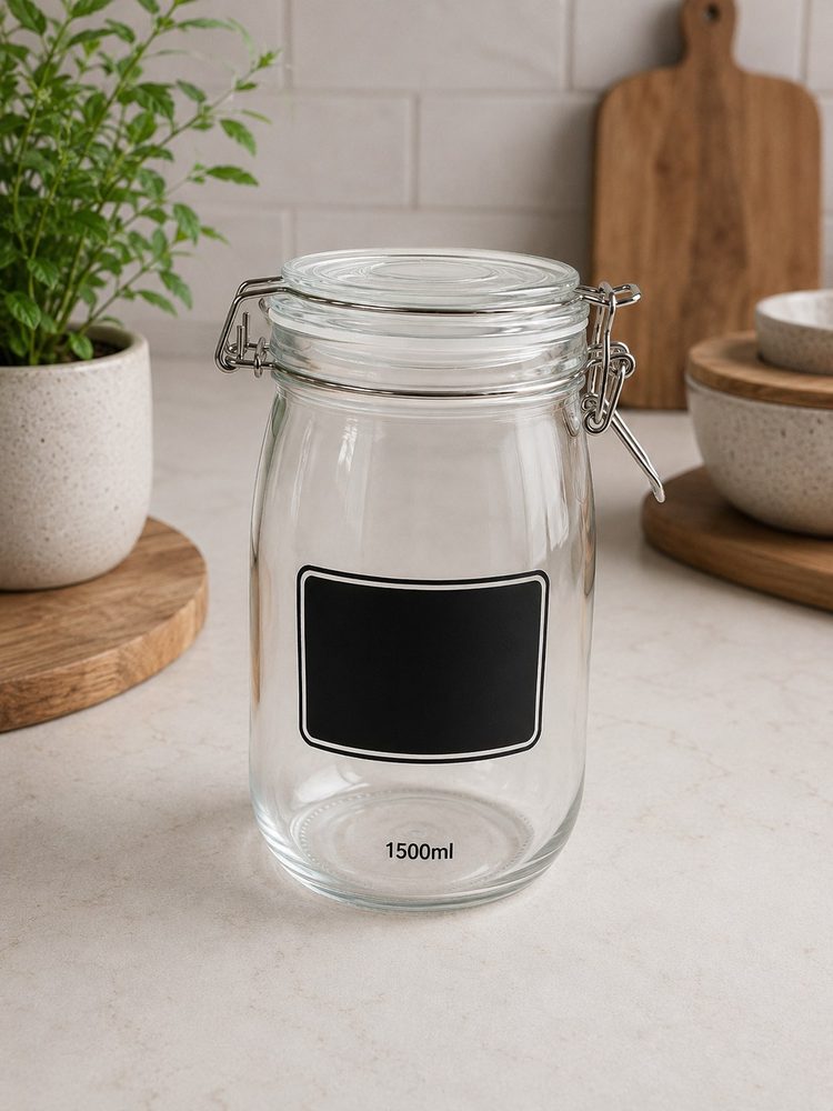 Glass Jar with Label & Airtigh Clip Cover (1500ml)