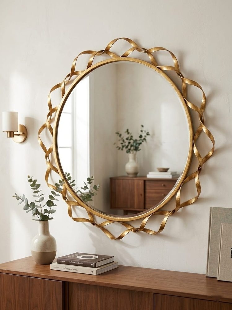 Gold Sculptural Decor Mirror (metal frame made of intertwined ribbon-like loops)