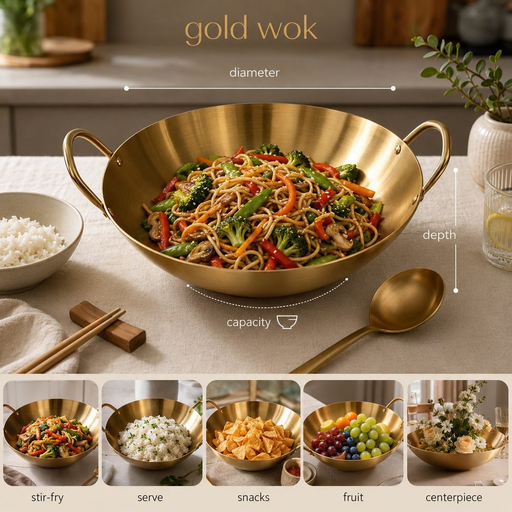 Gold Stainless Steel Wok (32cm)