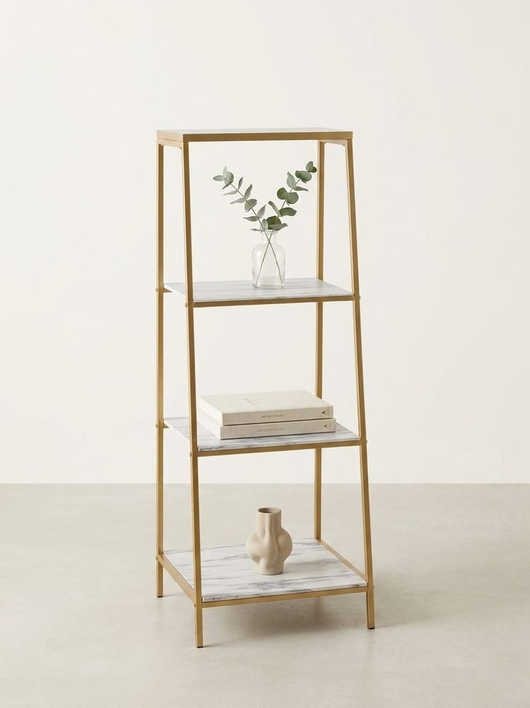 Golden Frame Ladder Shelf with Marble-Effect Shelves
