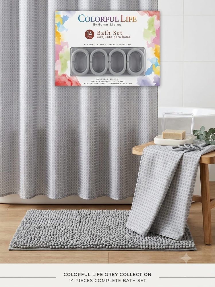 Grey 14-Piece Bathroom Set (shower curtain,12 curtain hooks,bath mat)