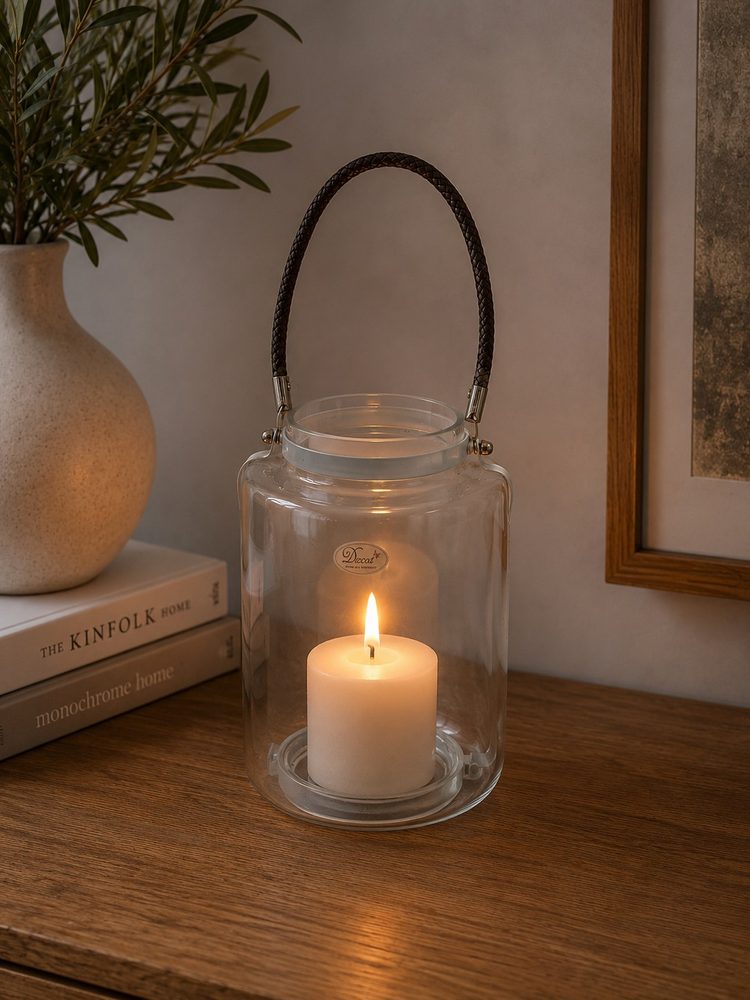 Metal & Glass Lantern with Rope (13.1*13.1*30cm)