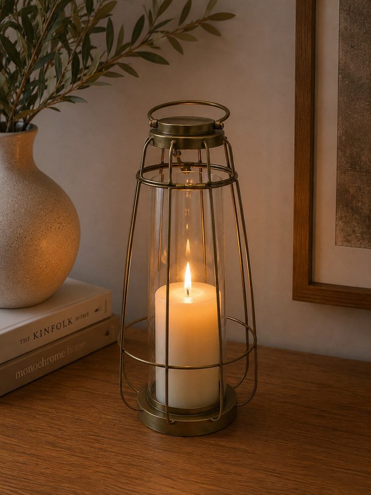Metal Rustic Gold & Glass Lantern with Glass Holder (20*48cm)