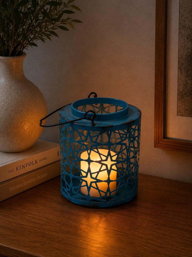 Metal Star Pattern Blue Lantern (12.5*12.5*16cm0