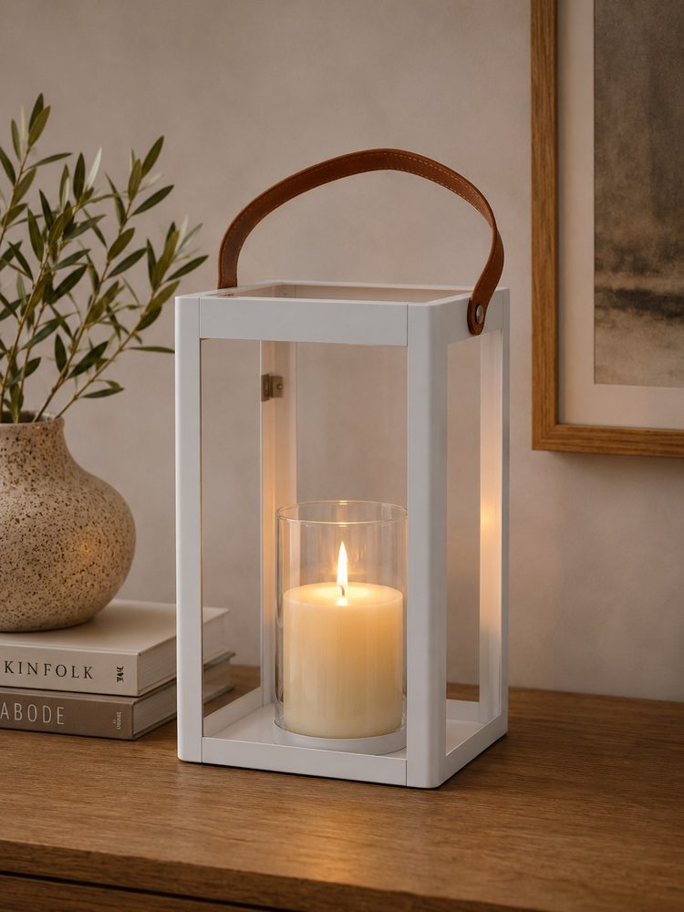 Metal White Lantern with Rope Handle & Glass Holder (21*19*34cm)