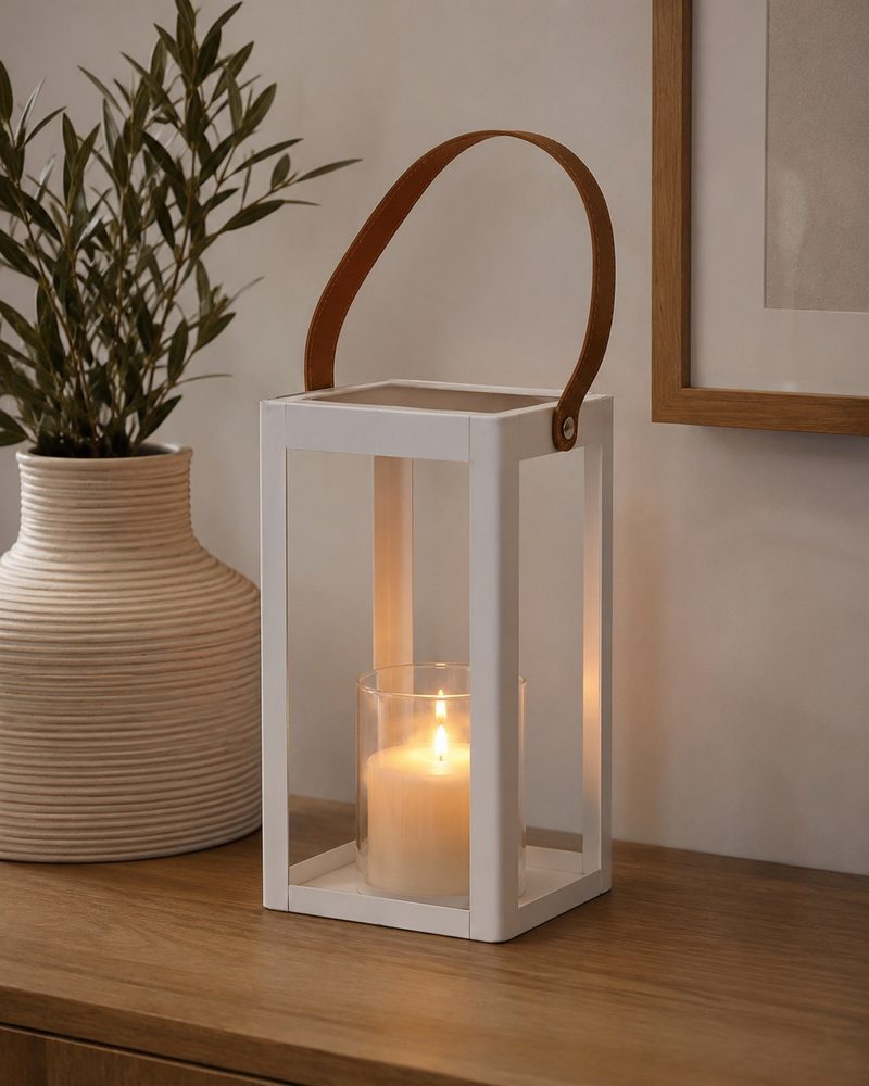 Metal White Lantern with Rope Handle & Glass Holder (16*14*25cm)