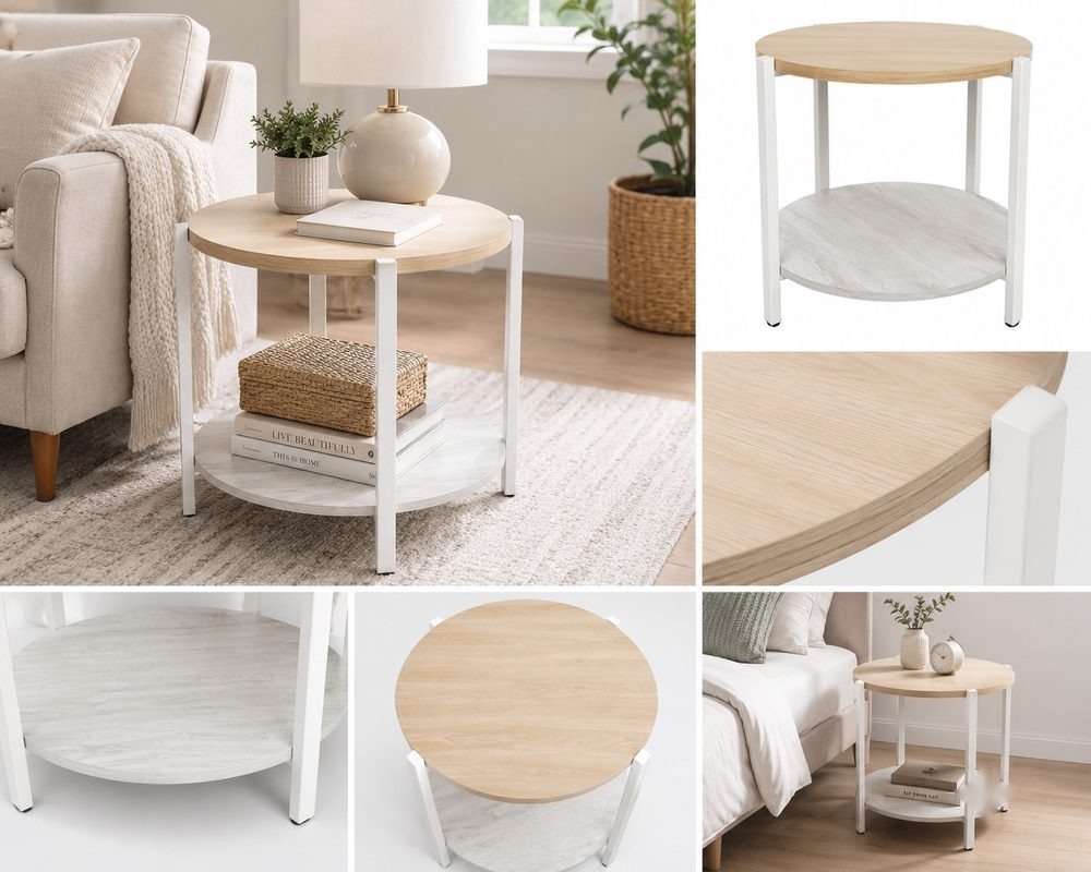 Modern End Table (open shelf-natural oak and white color with metal frame)