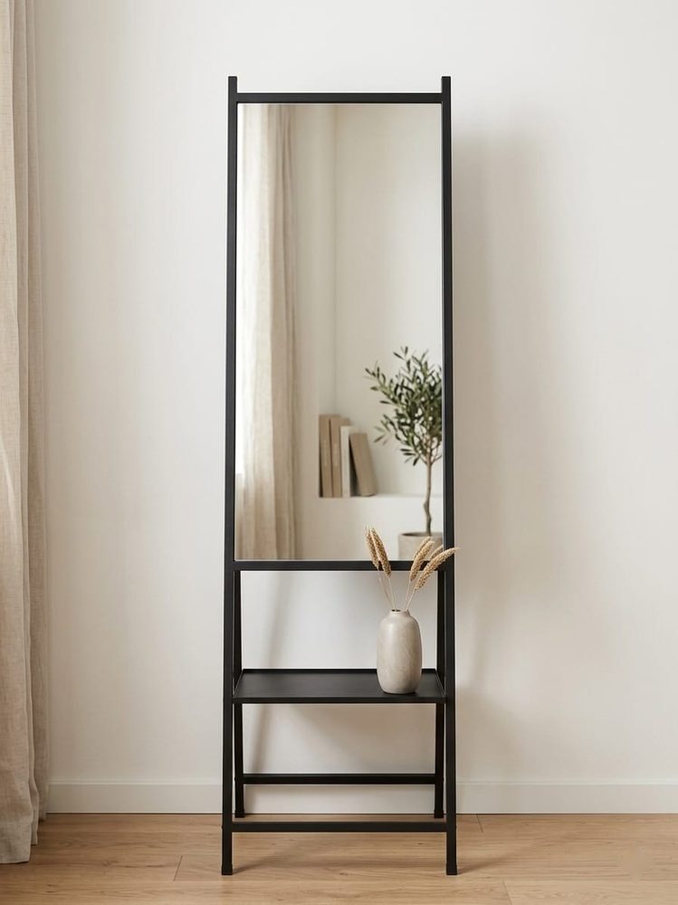 Modern Standing Mirror (Black full length with storage shelf)