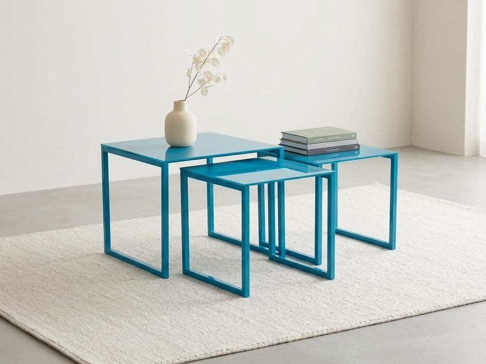 Nesting Table Set (3pc blue glass top,metal frames)