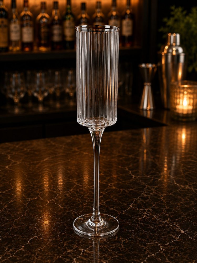 Ribbed Champagne Flute with Silver Rim