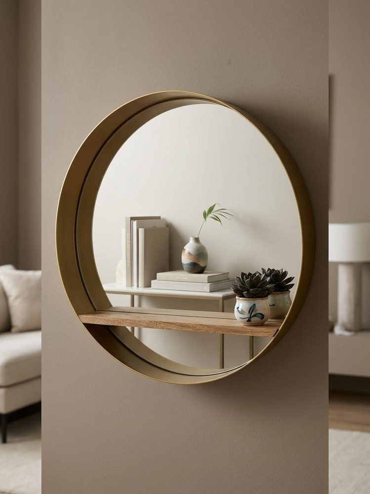 Round Metal Frame Wall Mirror (wooden display shelf)