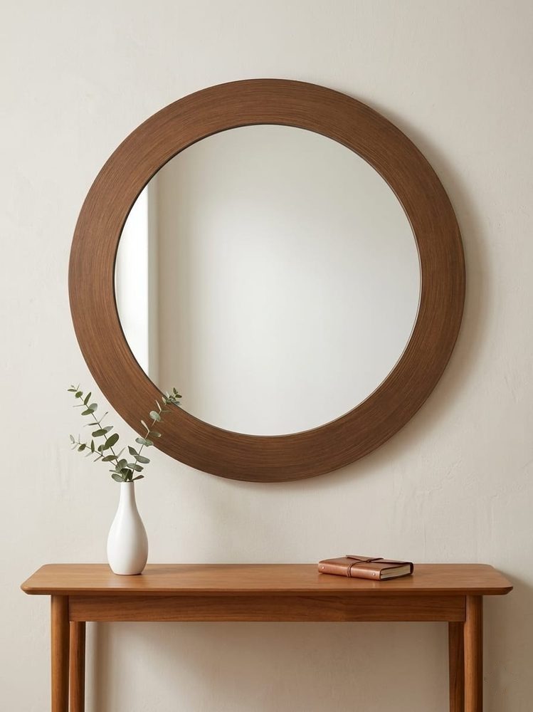 Round Wall Mirror (medium brown wooden frame)