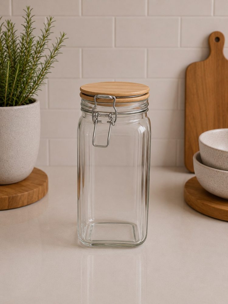 Square Glass Jar with Bamboo Lid & Airtigh Clip Cover (1600ml)