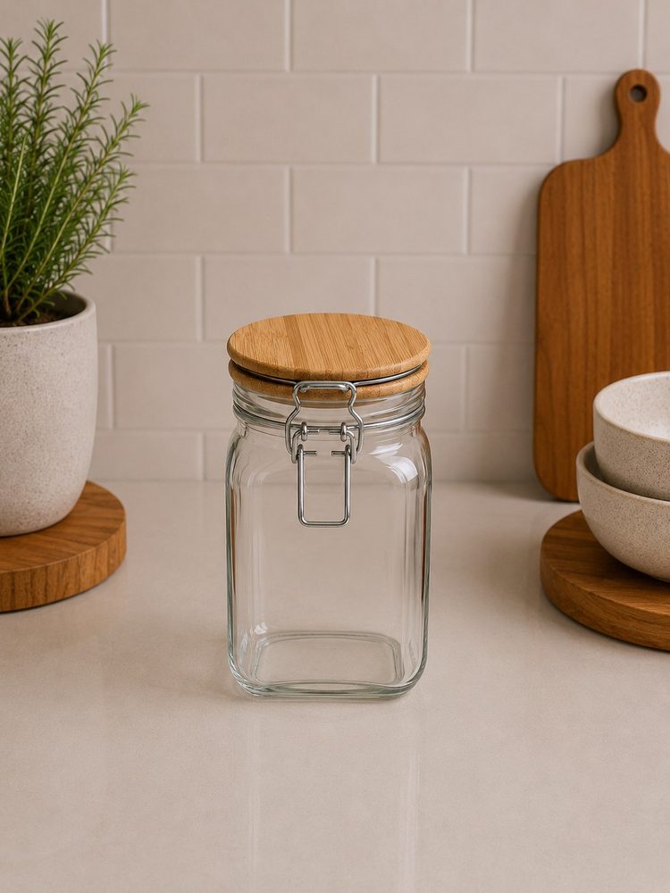 Square Glass Jar with Bamboo Lid & Airtigh Clip Cover (1300ml)
