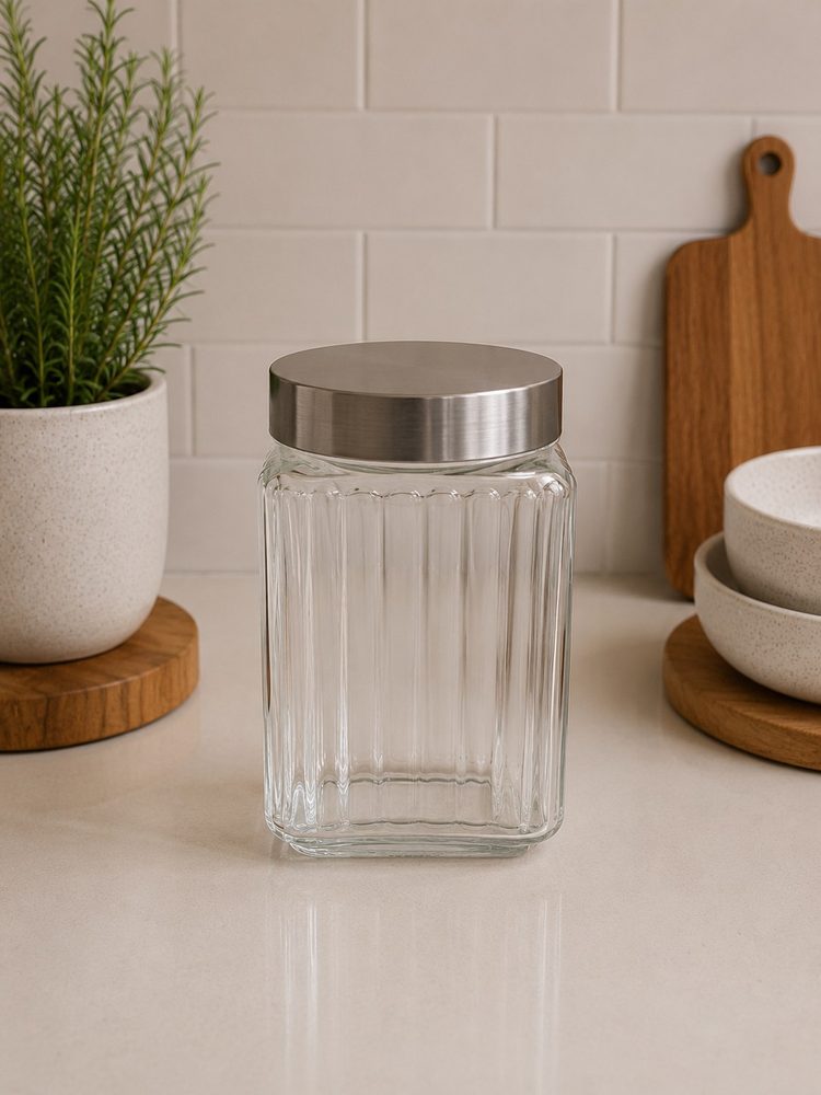 Square Ribbed Glass Jar with Metal Screw Cover (1500ml)