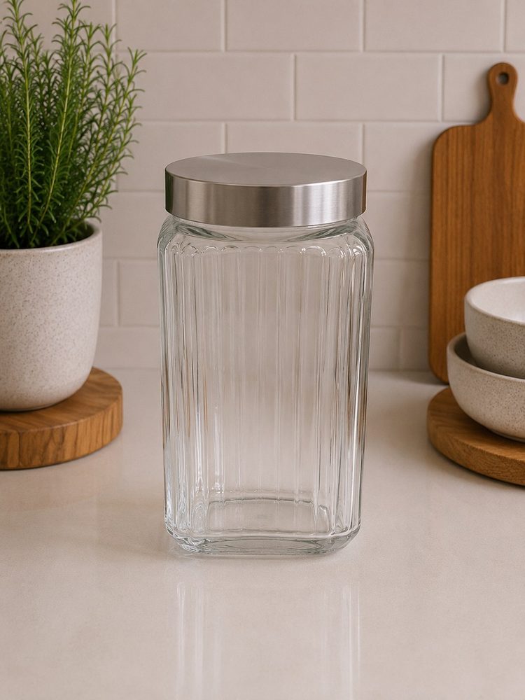 Square Ribbed Glass Jar with Metal Screw Cover (2100ml)