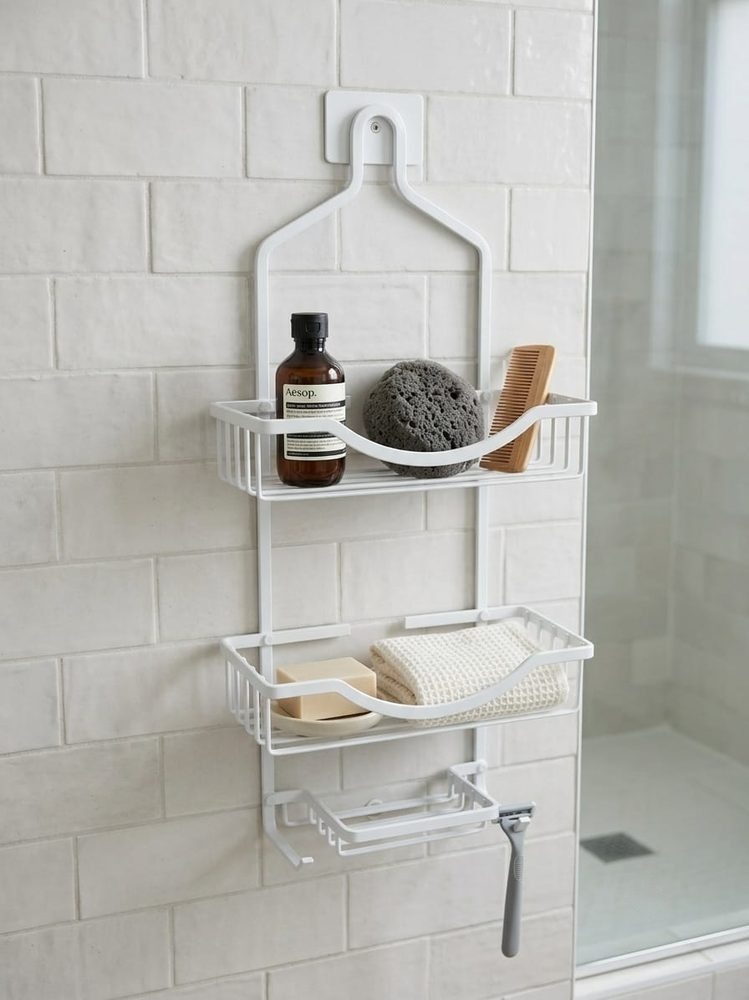 White 2 -Tier Shower Caddy with Soap Tray and Hooks